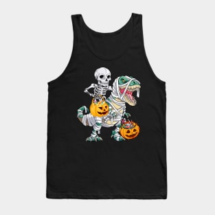 Skeleton Riding Mummy Dinosaur T rex Halloween Kids Boys Men Tank Top